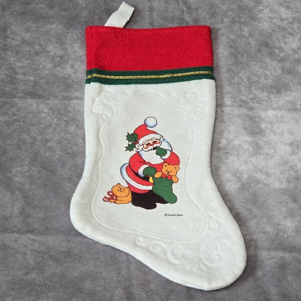 Vintage Felt Santas Best Christmas Stocking Santa Bear Cat Holly 15"